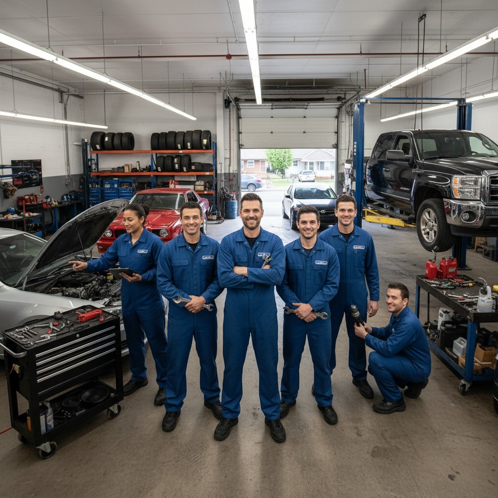 Team of auto mechanics standing in front of a repair bay, wearing uniforms with name patches