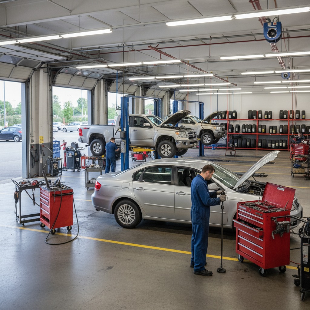 Interior of an auto repair bay with a car on a lift and diagnostic equipment visible