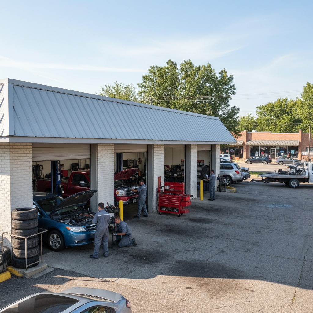 Front exterior of a clean, well-lit auto repair shop with visible signage