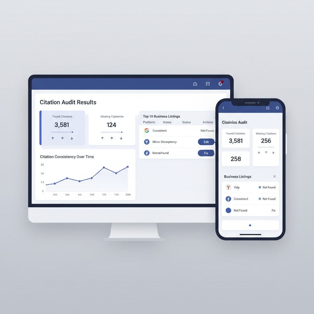 Screenshot of a citation audit tool showing found listings and consistency scores