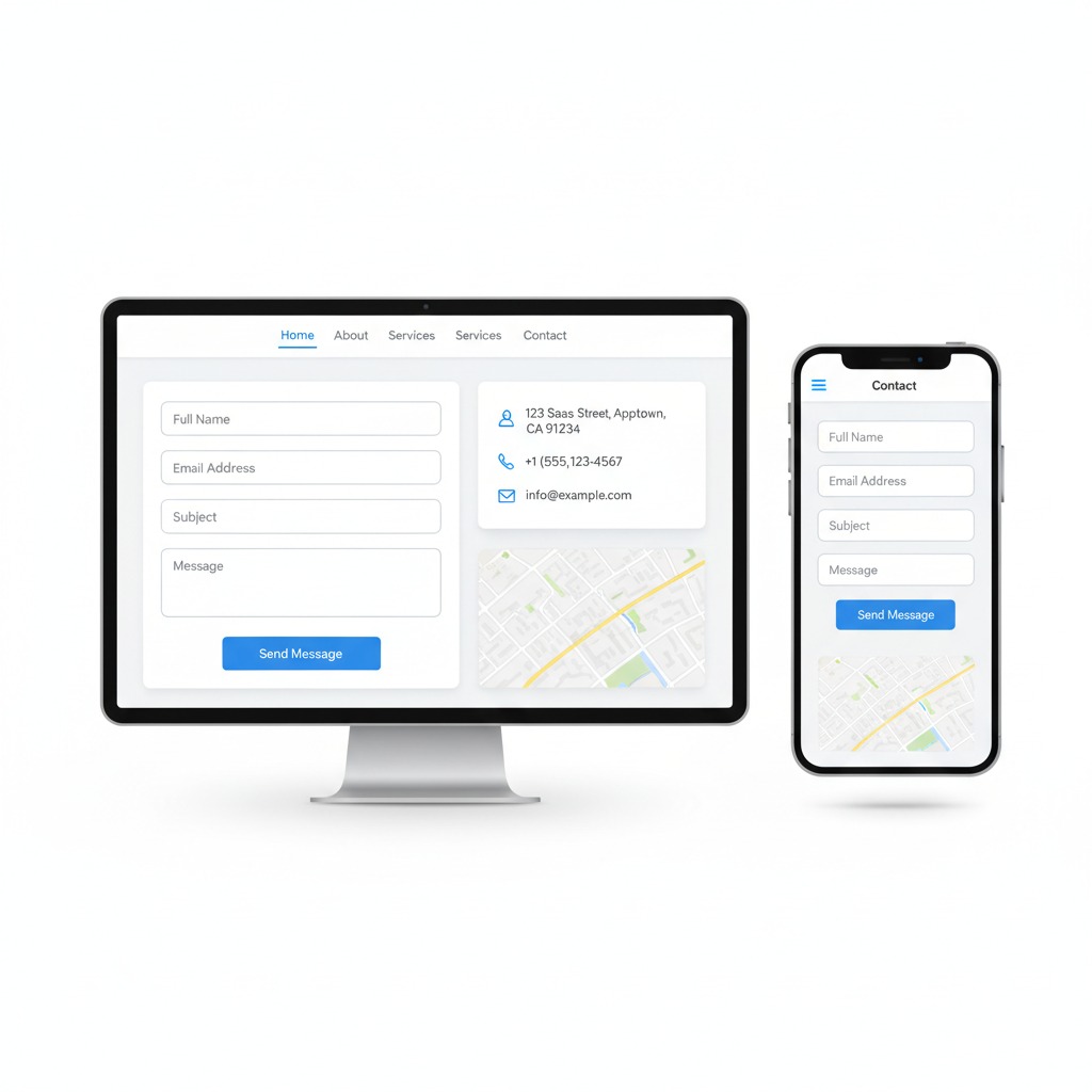 Example of a clean small business contact page showing phone number, form, hours, and map side by side