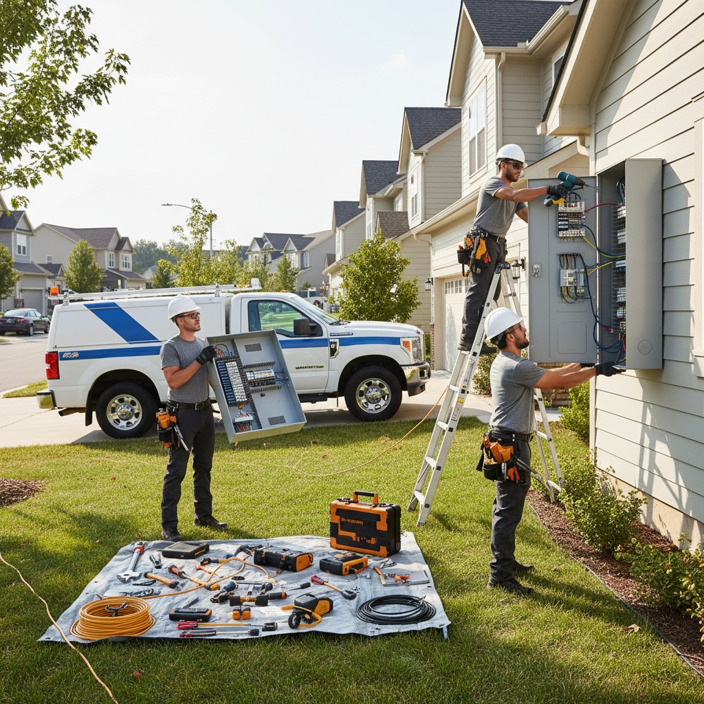 Electrician installing a new 200-amp electrical panel with neat, organized wiring