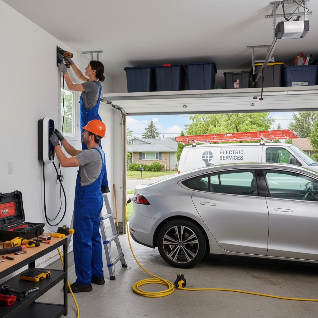 Level 2 EV charger installed on a garage wall with neat cable routing