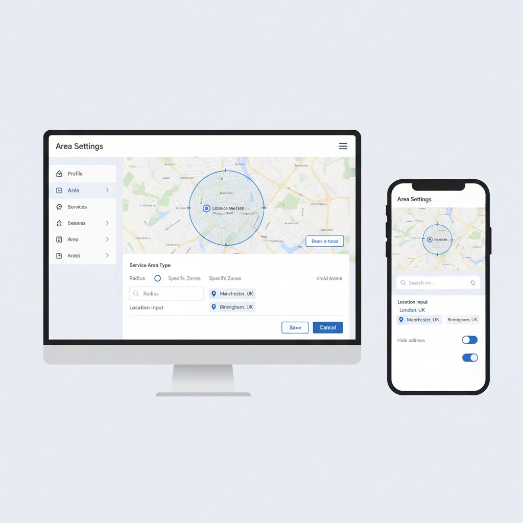 Service area settings in Google Business Profile showing city-level areas