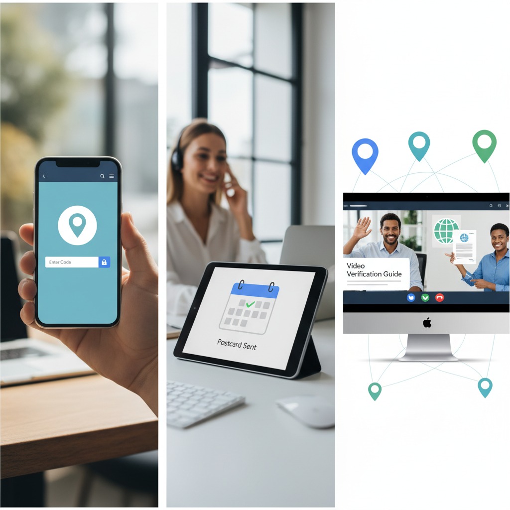 Google Business Profile verification options including postcard, phone, and video
