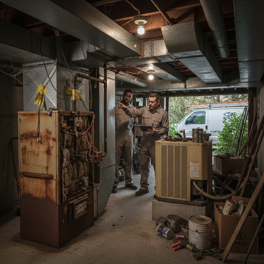 Before and after comparison of an old furnace replaced with a new high-efficiency unit