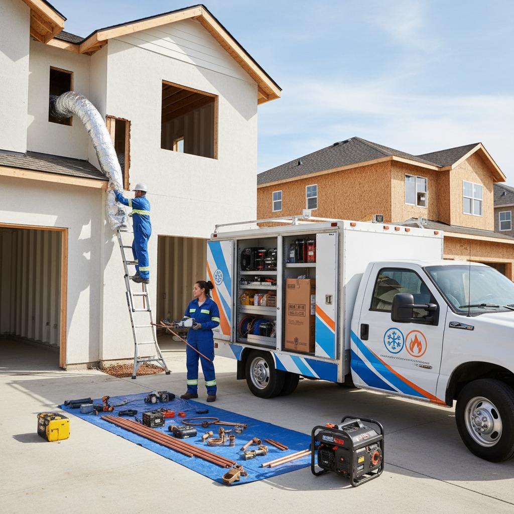 Branded HVAC service truck parked in a residential driveway