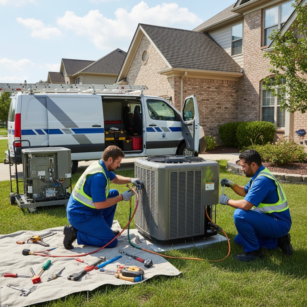 HVAC technician installing a new condensing unit outside a residential home