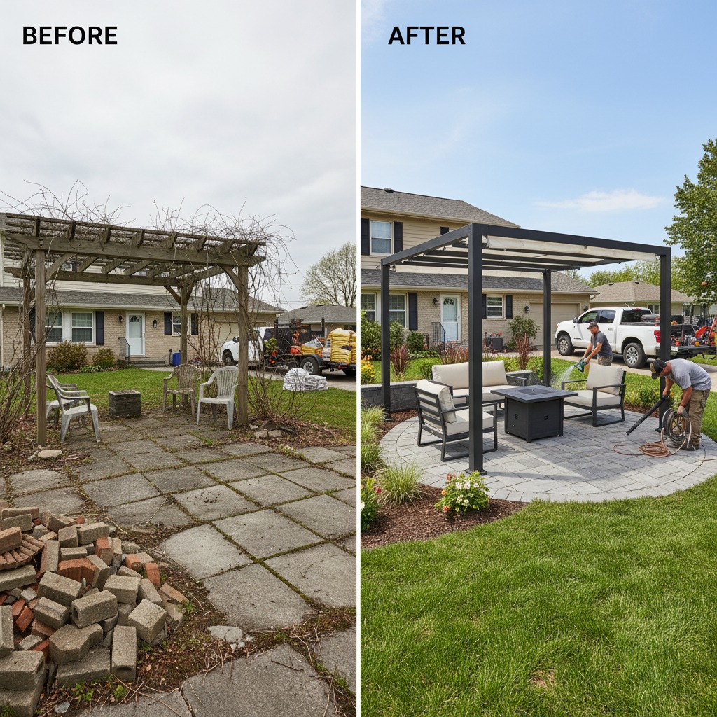 Before and after comparison of a backyard patio installation with pavers and plantings