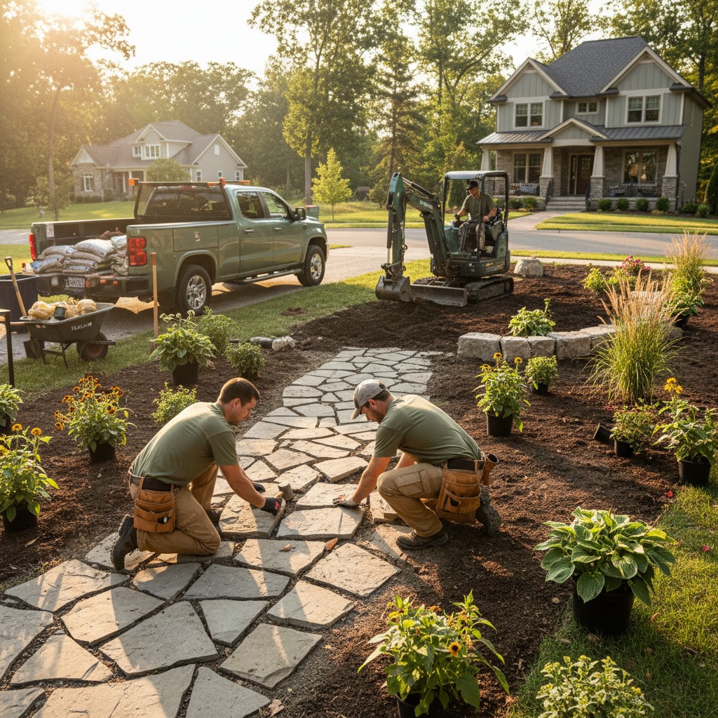 Close-up of a professionally designed garden bed with layered plantings and stone edging