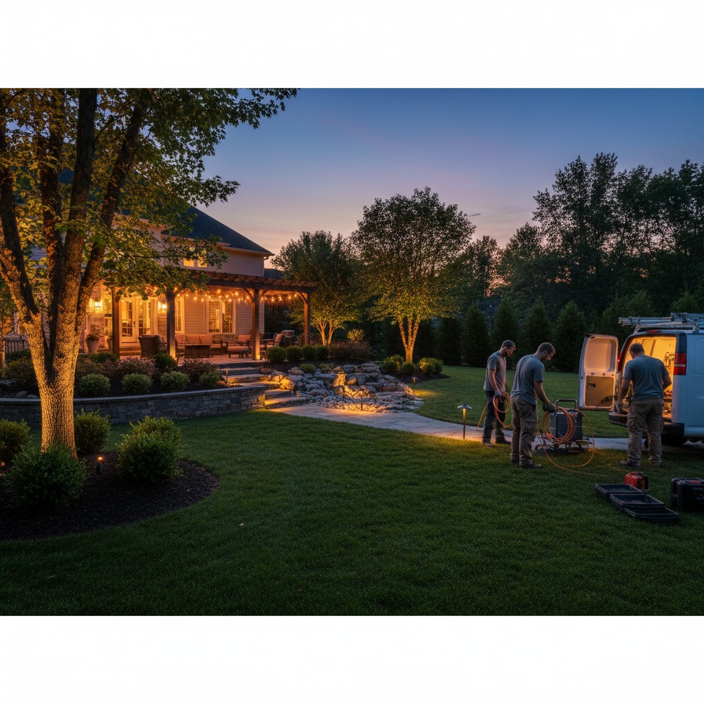 Residential landscape lighting illuminating pathways and garden beds at dusk