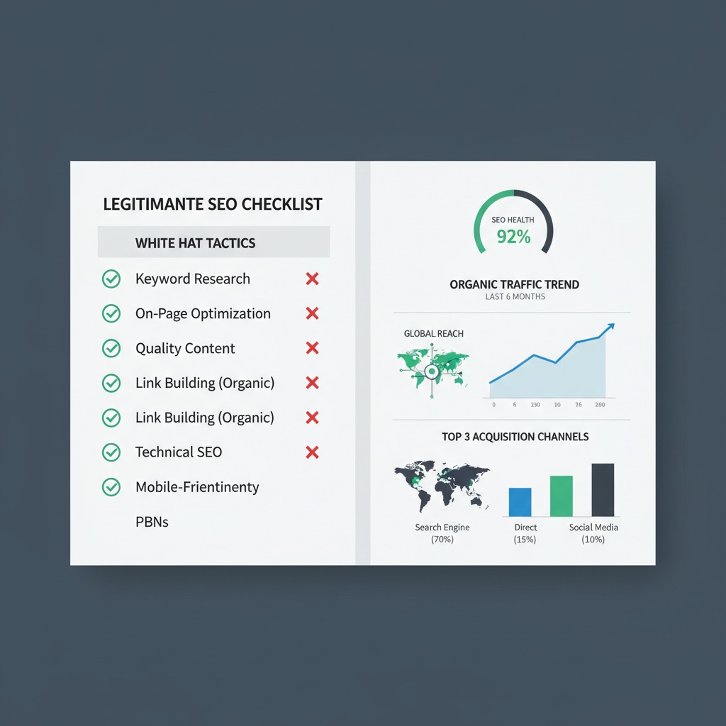 Checklist showing signs of legitimate SEO services versus scam warning signs