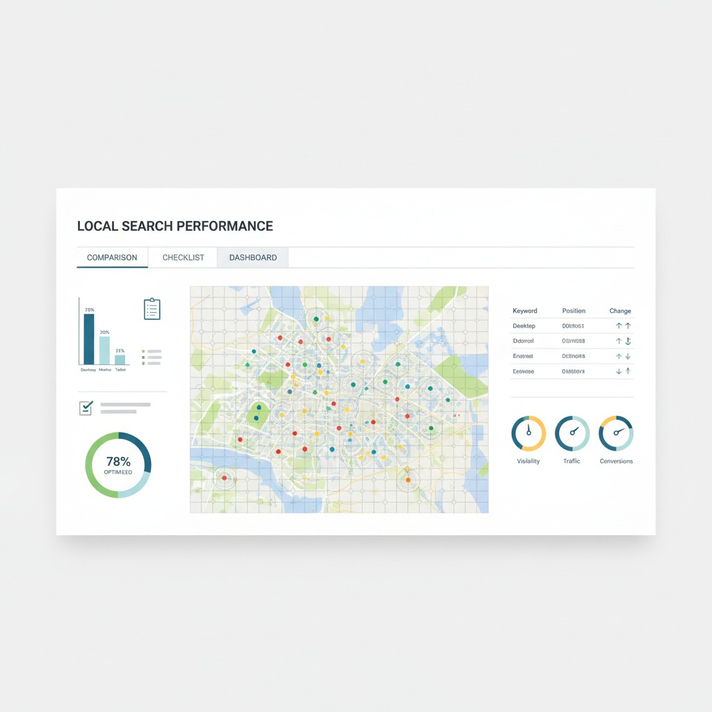Grid view from a local rank tracking tool showing map pack positions across a city