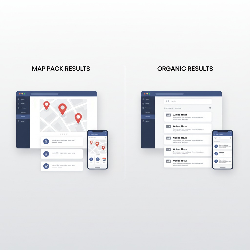 Screenshot showing Google's local map pack above organic search results for a local business query