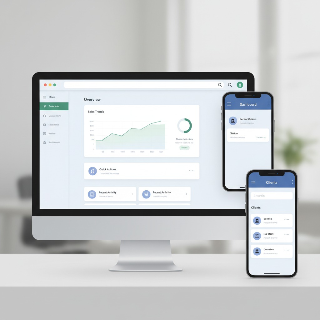 Small business website displayed on both a phone and desktop computer showing responsive layout