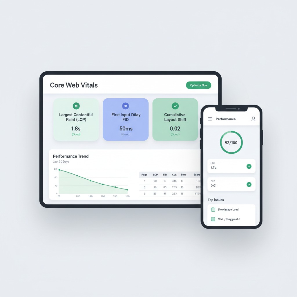 Google PageSpeed Insights showing Core Web Vitals scores for a small business site