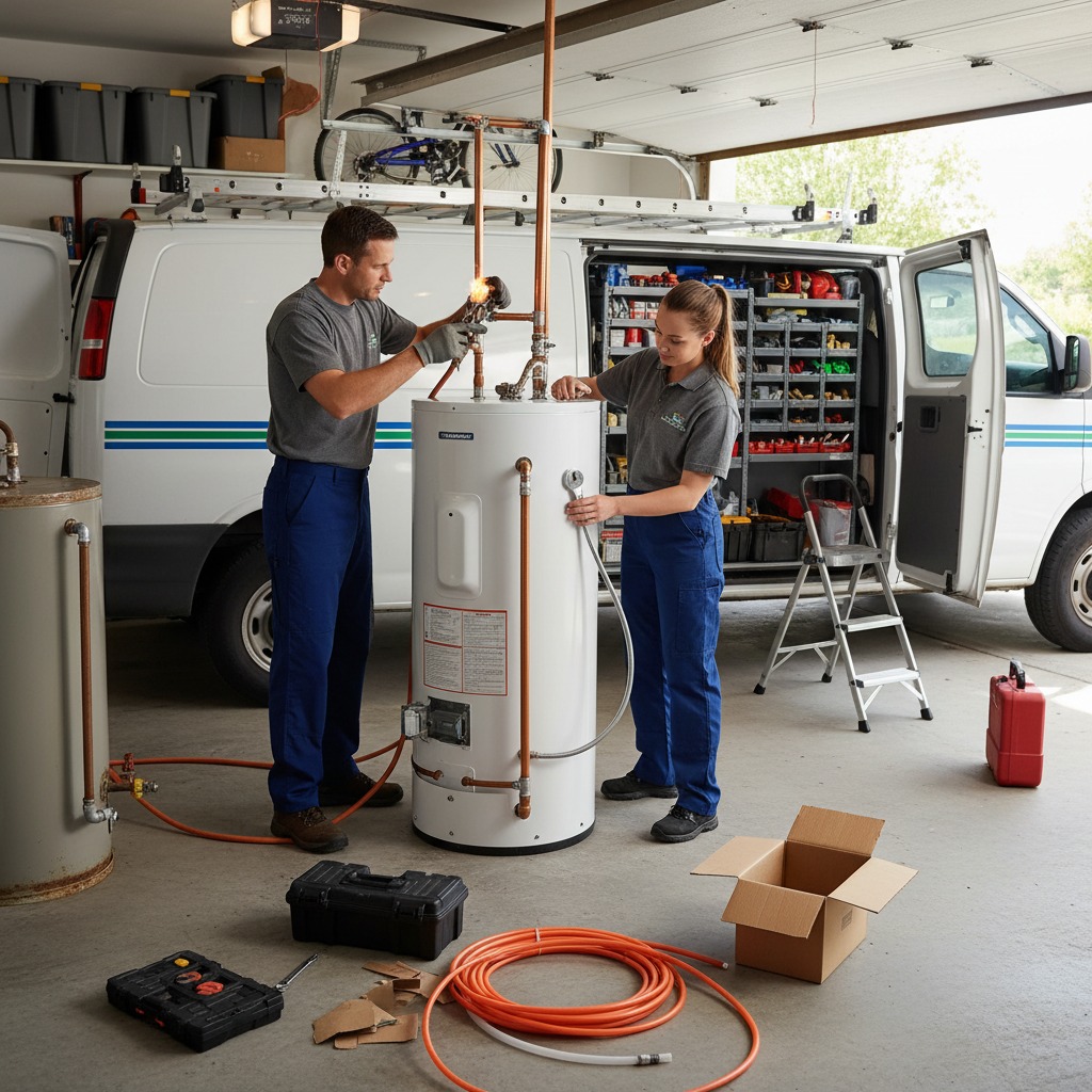 Licensed plumber connecting a new tank water heater in a residential utility room