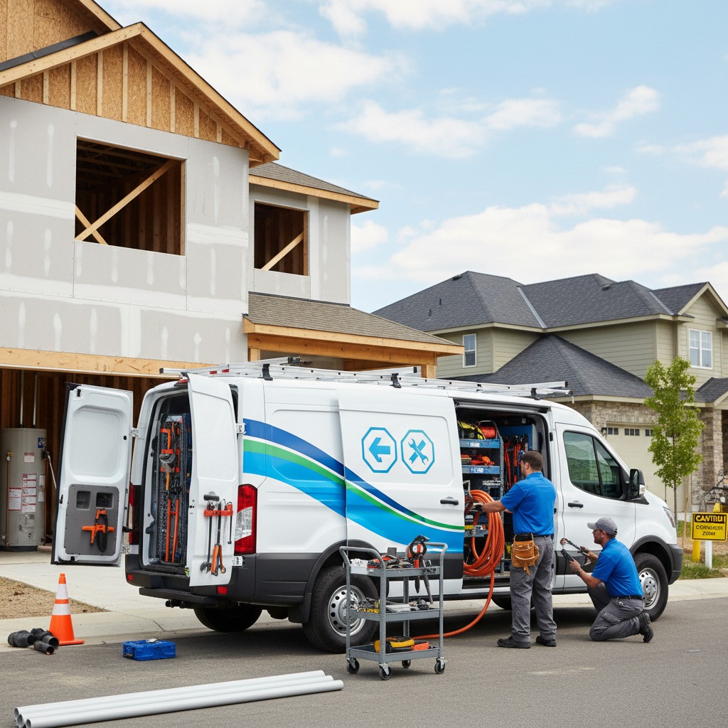 Plumbing company team standing next to their branded service van