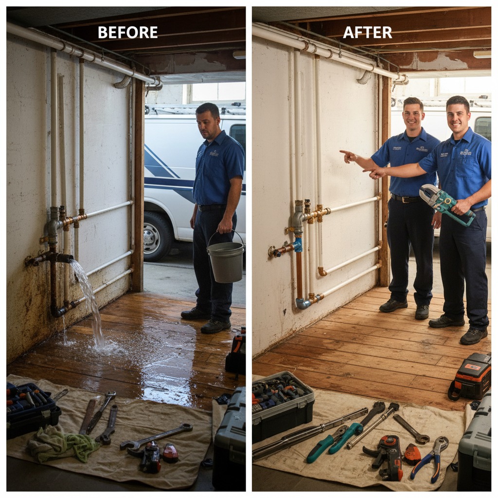 Before and after comparison of a corroded pipe replaced with new copper piping