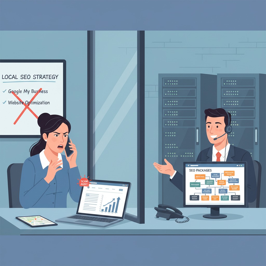 Illustration of a phone showing a scam call claiming to be from Google about a business listing