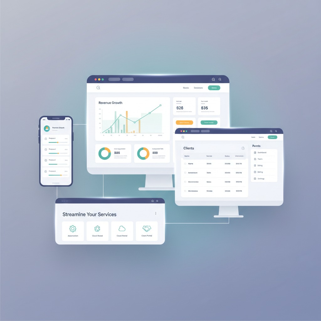 Clean, professional service business website homepage displayed on a laptop and mobile phone