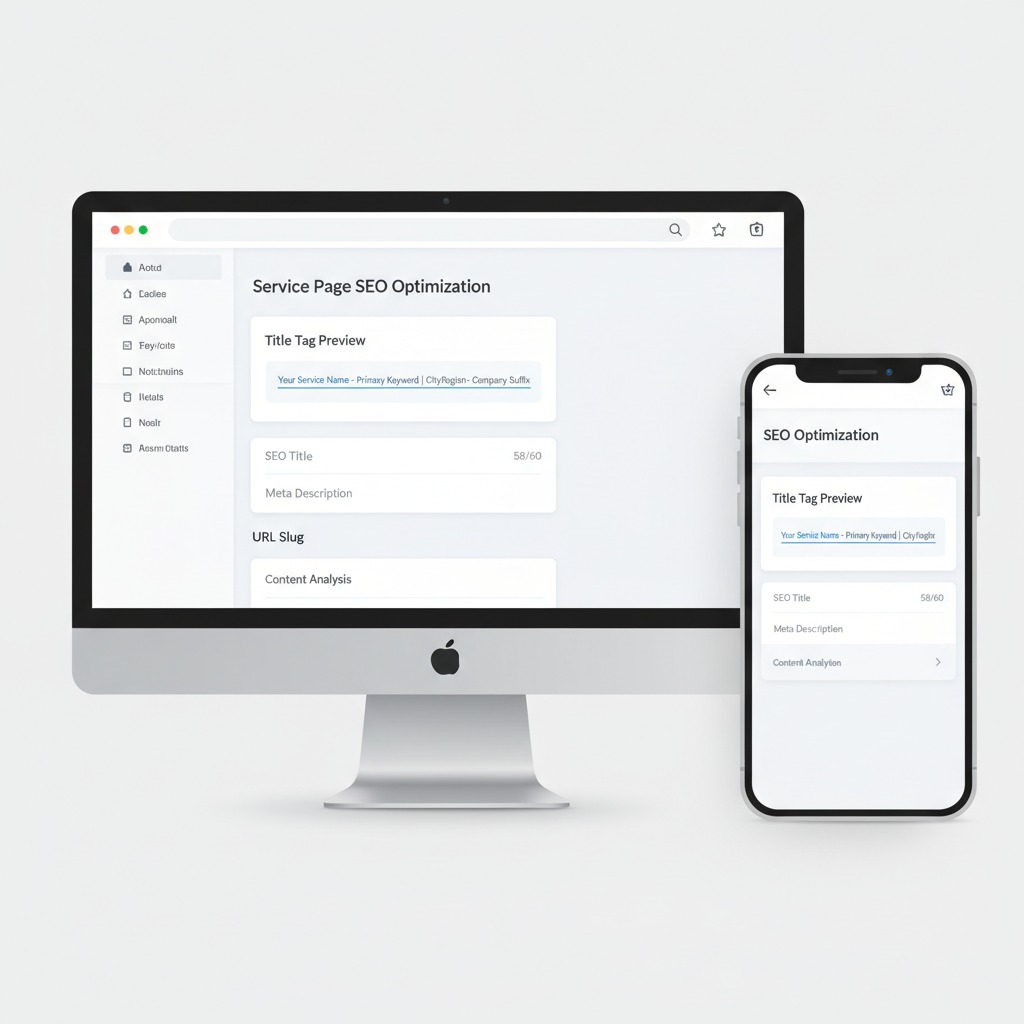 Browser tab showing a well-formatted title tag for a service page with service name, city, and business name