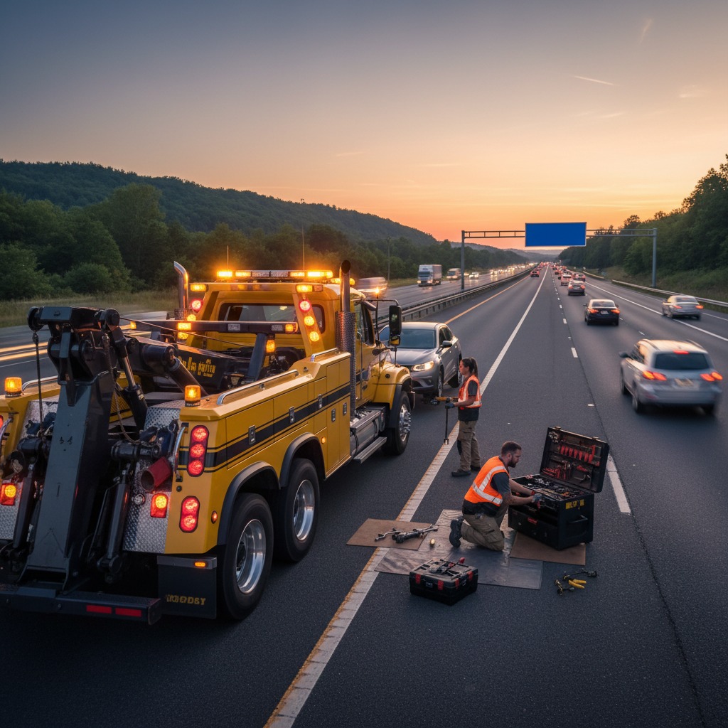 Flatbed tow truck loading a disabled vehicle on a highway shoulder