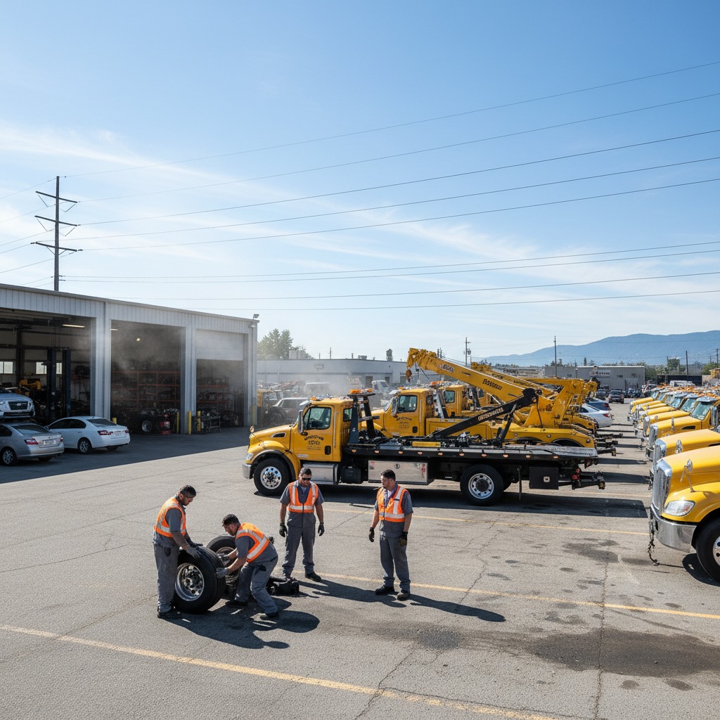 Fleet of tow trucks including flatbed and wheel-lift trucks parked at a towing company yard
