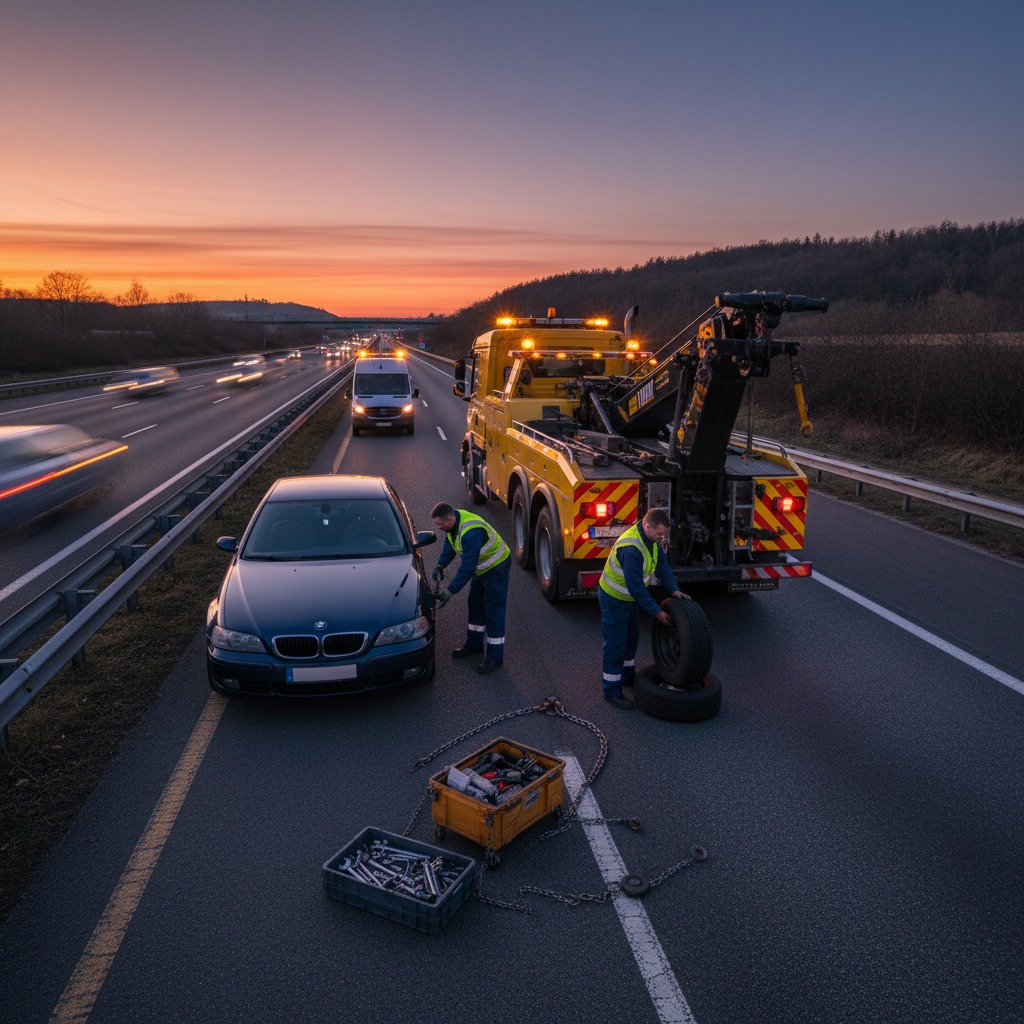 Tow truck driver providing roadside assistance to a stranded motorist at night